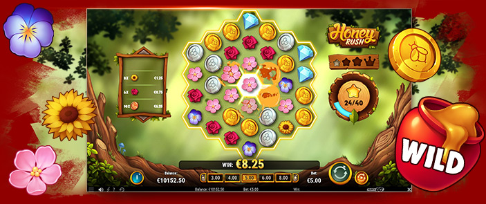 Jeu de casino Play'n Go Honey Rush avec bonus et forte volatilité, machine à sous vidéo fun